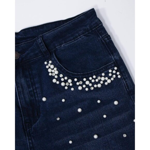 Women's High Rise Skinny Jeans Cotton Stretch Pearl Rhinestones Casual Dressy - Picture 7 of 8